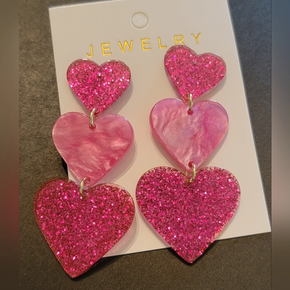 ⛱️Triple Heart Dangle Earrings Colored Sparkle Hearts Love - Picture 5 of 6